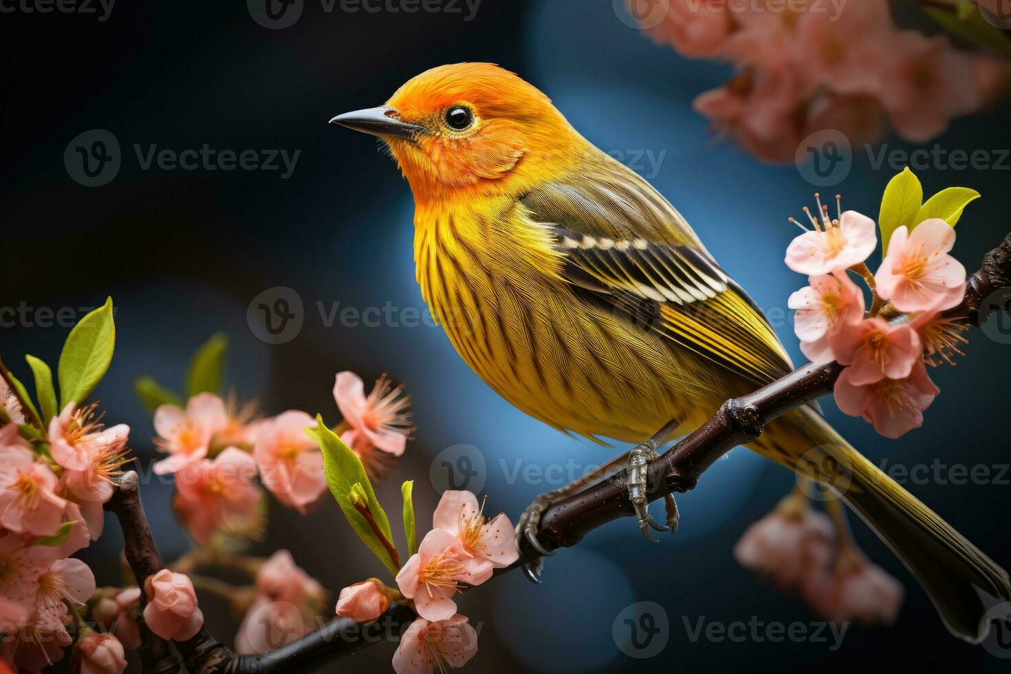 Beautiful yellow and blue bird on a branch of a blossoming tree photo