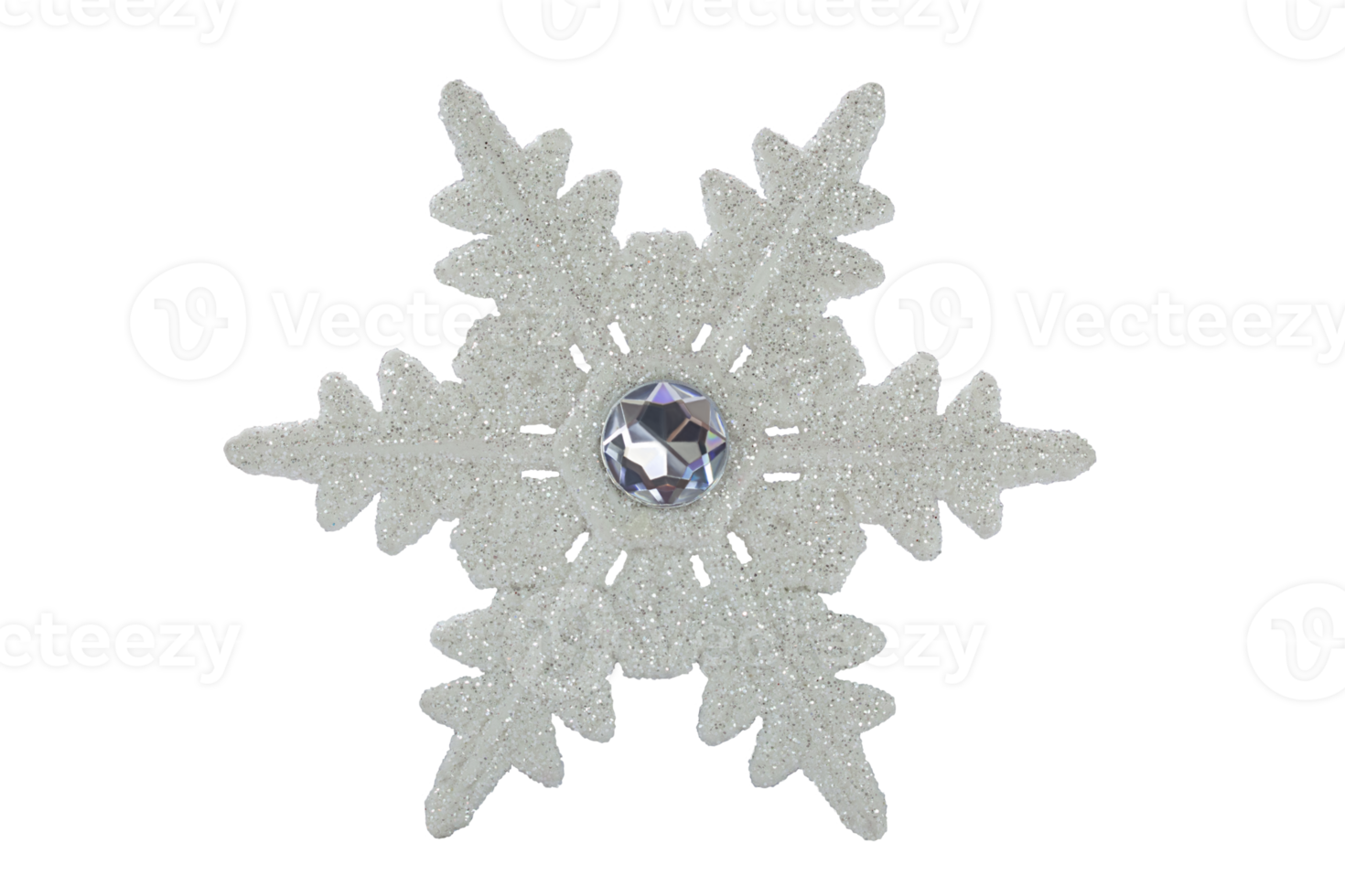 White sparkling snowflake, New Year's decoration, covered with bright sparkles on white isolated background. Christmas ornament, design element png