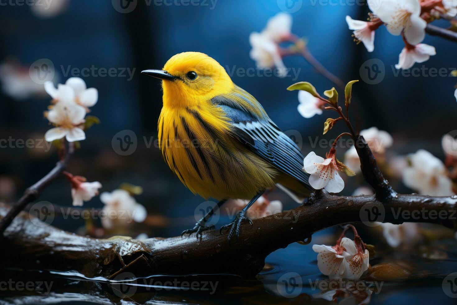 Beautiful yellow and blue bird on a branch of a blossoming tree photo