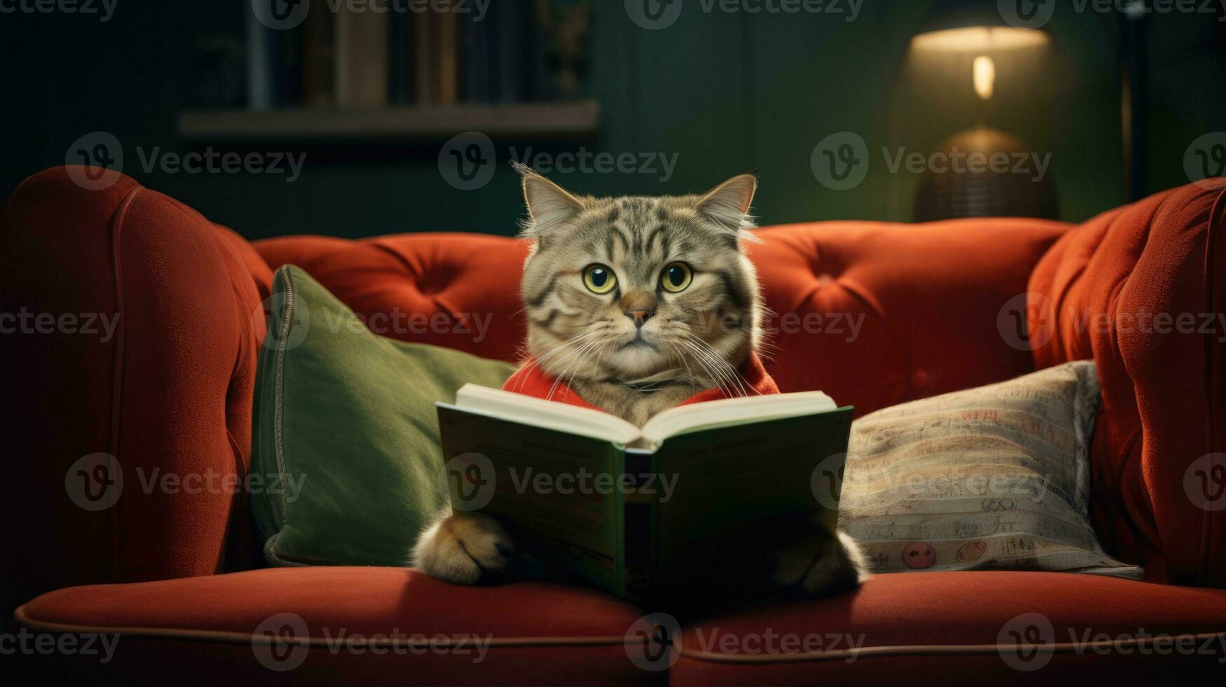 Cute tabby cat reading a book on a red sofa. photo