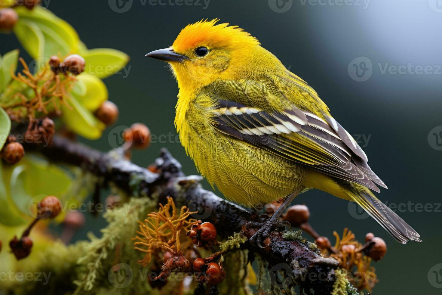 Beautiful yellow and blue bird on a branch of a blossoming tree photo