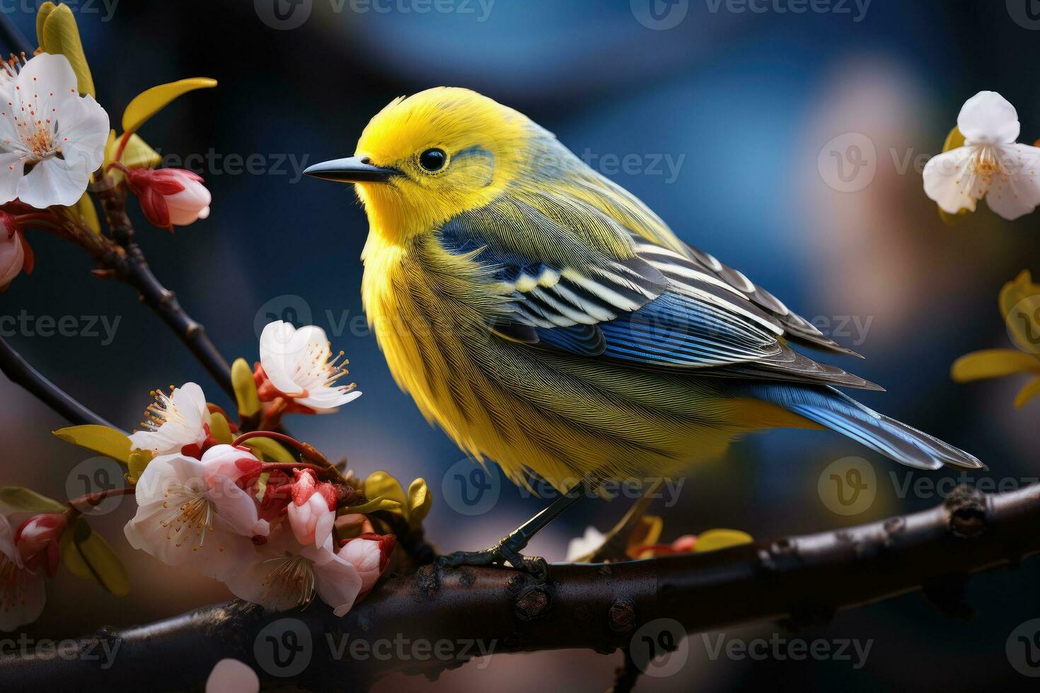 Beautiful yellow and blue bird on a branch of a blossoming tree photo