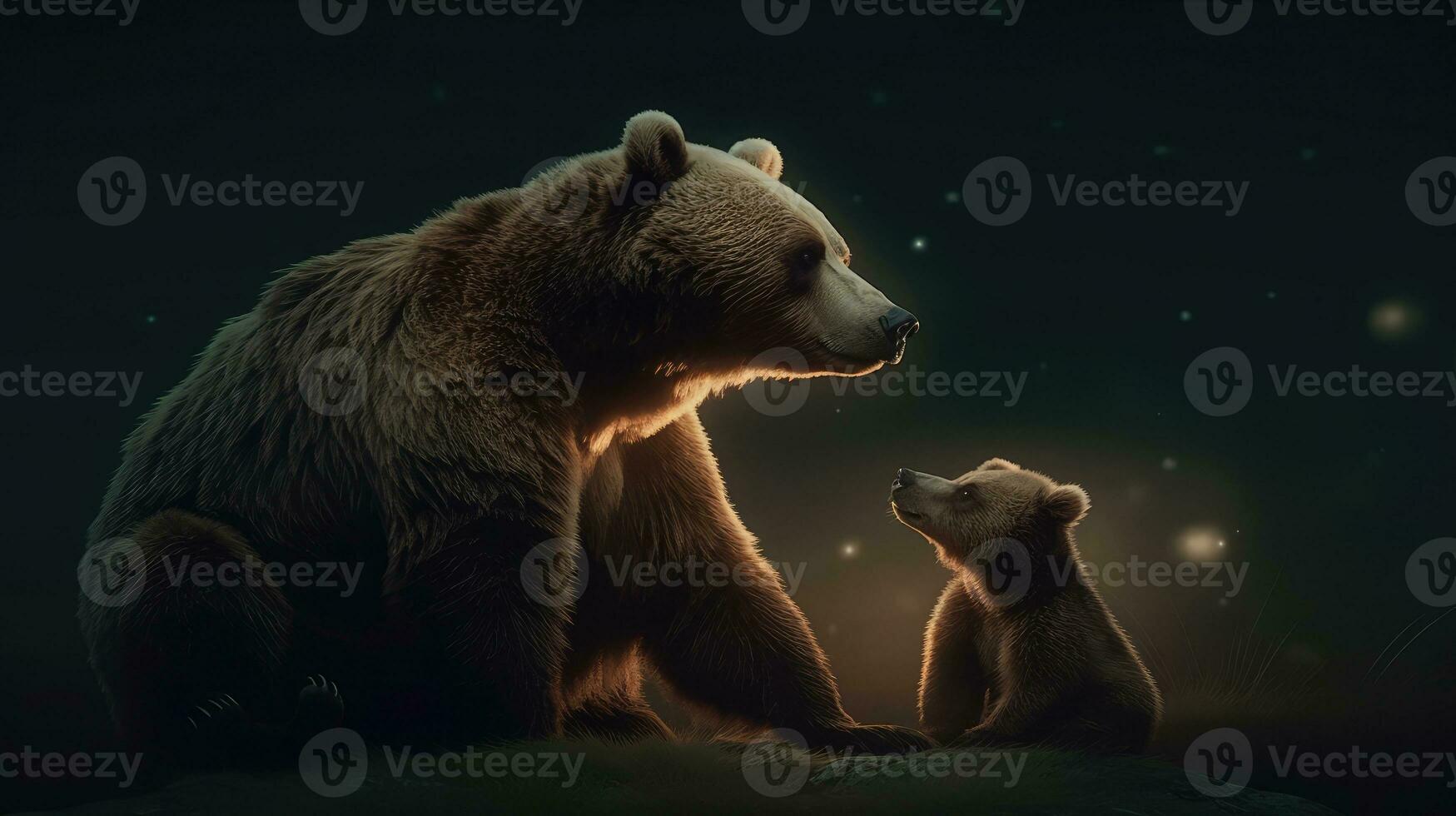 Mother brown bear with her two cubs. Wildlife scene photo