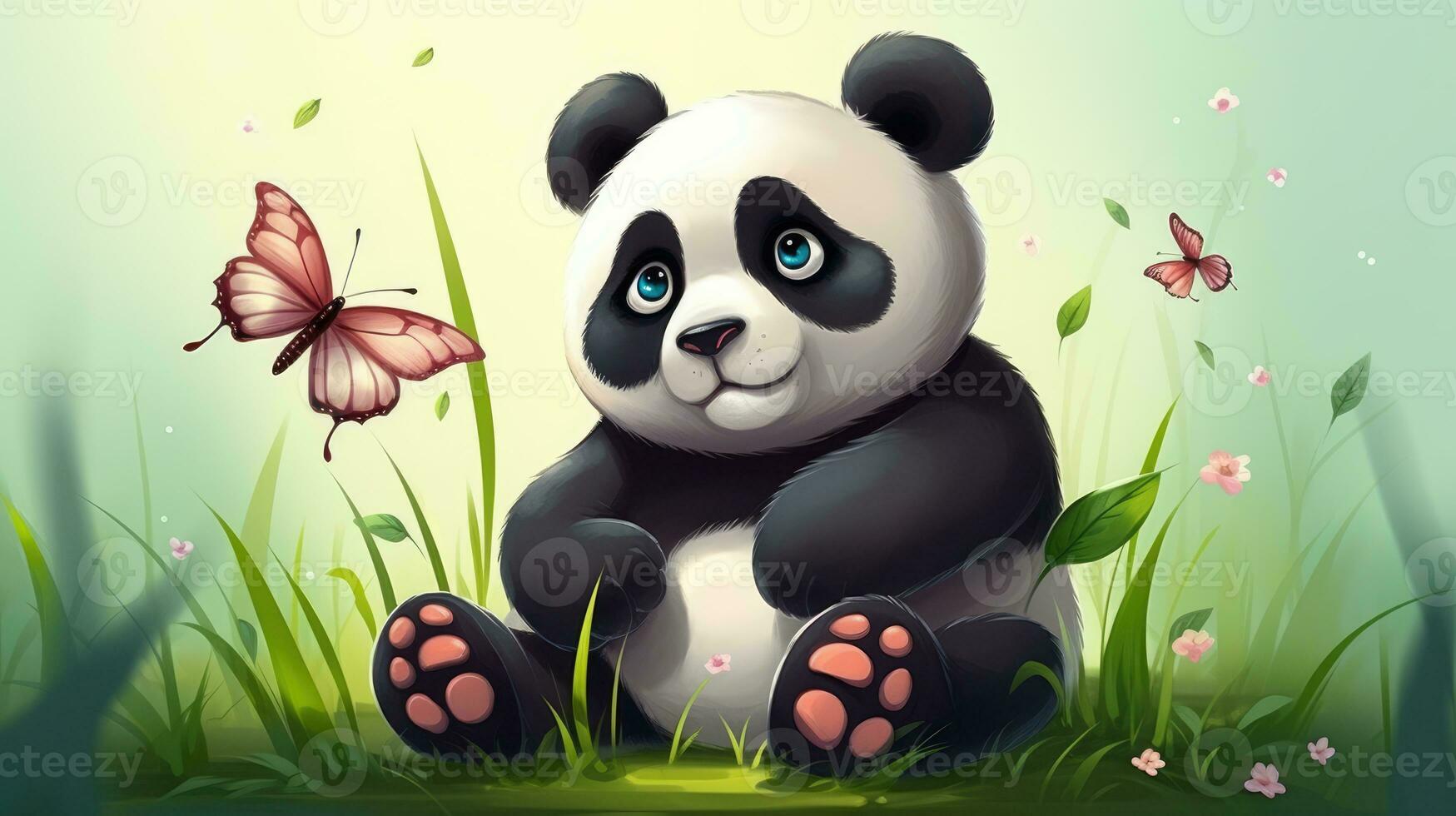 panda sitting in the grass with butterflies in the background photo