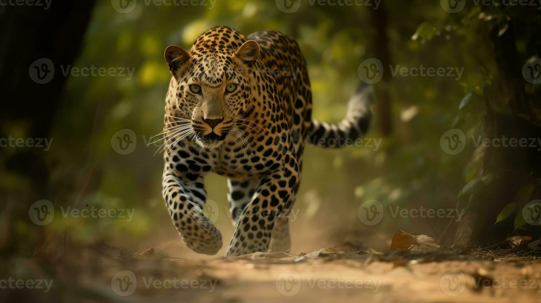 Leopard running in the forest photo