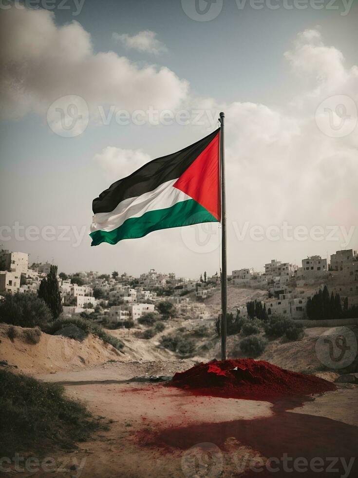 palestinian flag with destroyed city, AI generated. photo