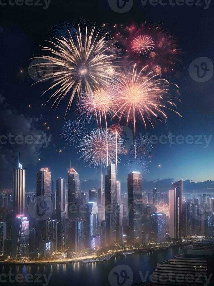 celebrar el nuevo año, un ciudad con fuegos artificiales, ai generado foto