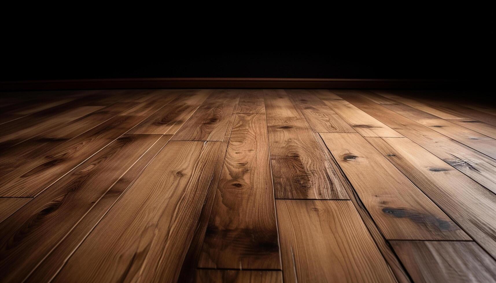 Wooden flooring creates a modern, empty stage with rustic backdrop generated by AI photo