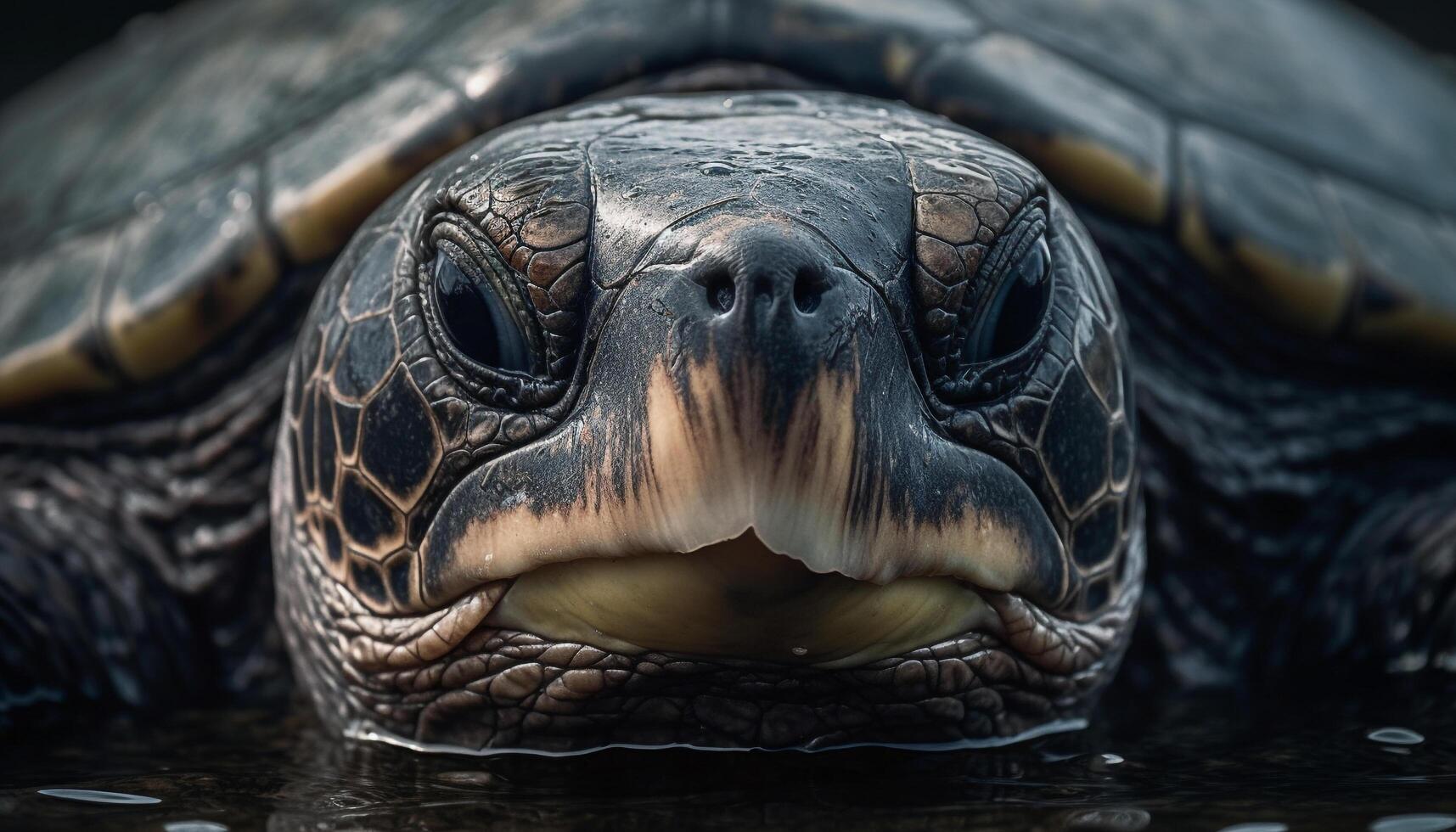 A slow turtle swimming underwater, its shell a vibrant mosaic generated by AI photo