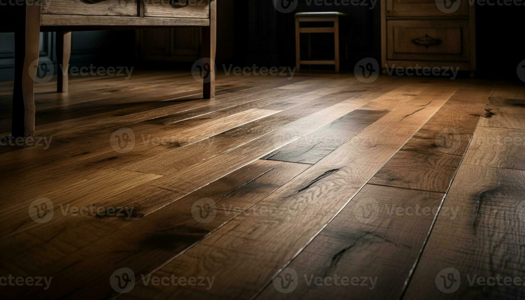 moderno diseño, elegante madera dura piso, rústico mesa, limpiar y cómodo generado por ai foto