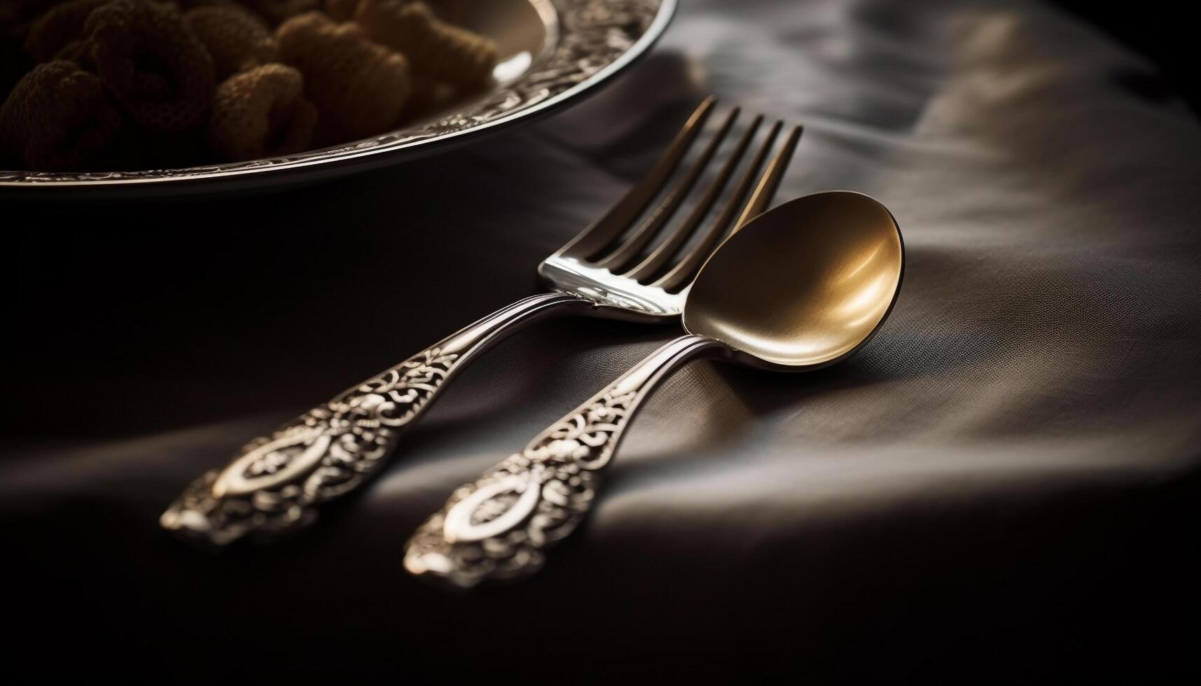 Shiny silverware on table, elegant still life generated by AI photo