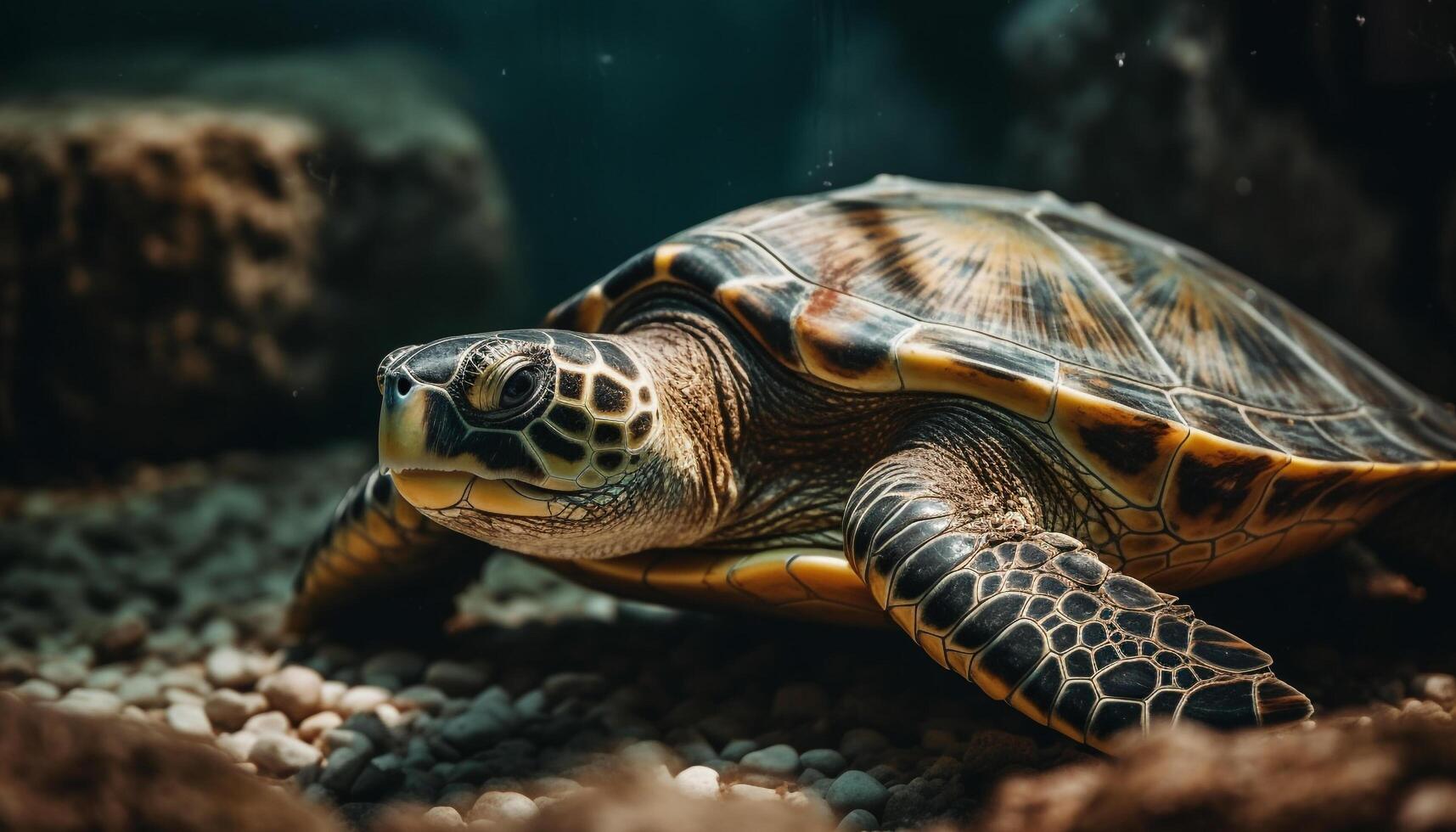 A slow sea turtle crawls underwater, its shell multi colored generated by AI photo