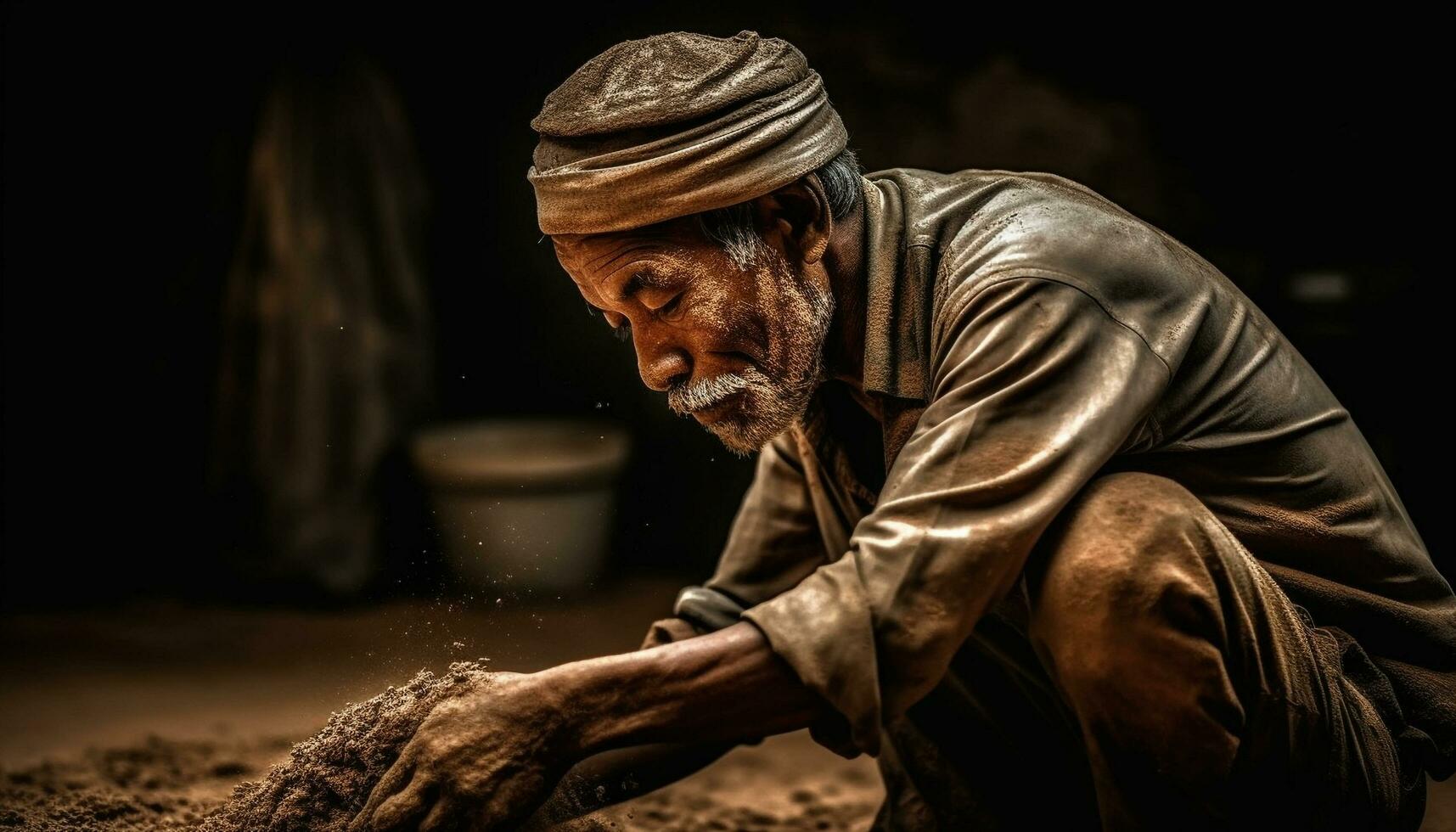 A senior man with a beard working outdoors, sitting on a turban generated by AI photo