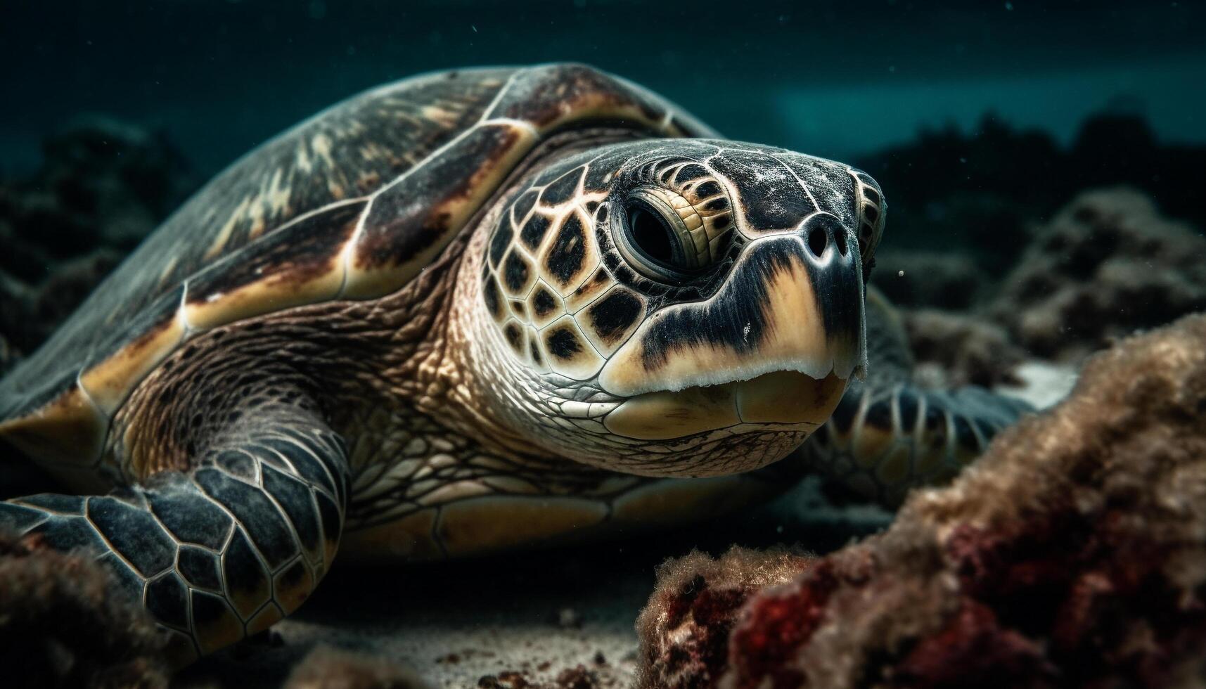 submarino Tortuga nadando en el vistoso coral arrecife, rodeado por mar vida generado por ai foto