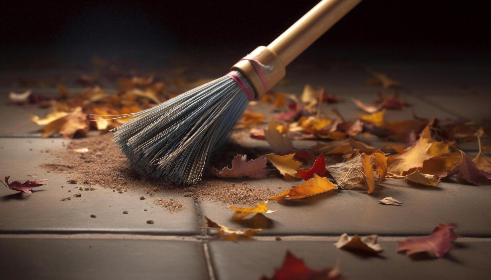 Autumn leaves cover the wooden floor, creating a colorful mess generated by AI photo