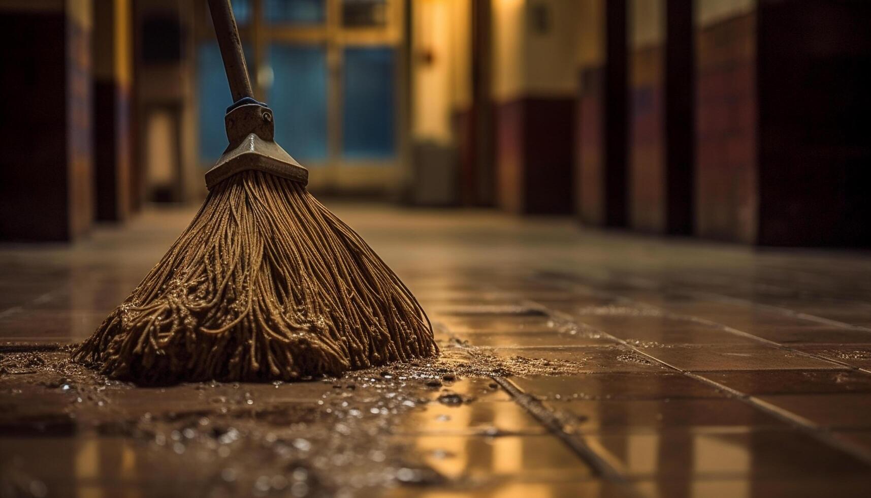 limpieza el mojado piso con un Escoba y limpiador adentro generado por ai foto