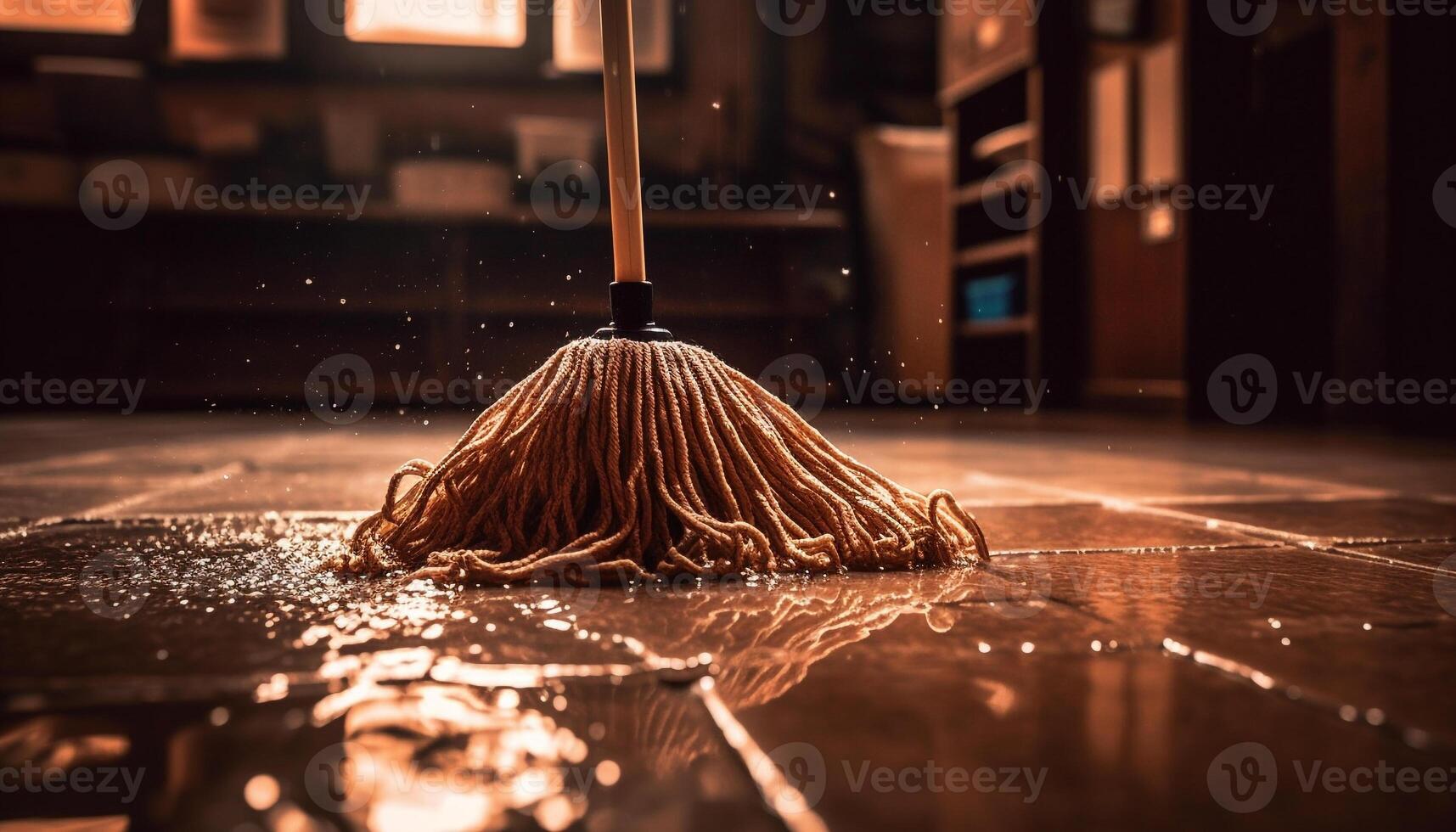 Working indoors, cleaning the wet floor with a broom and water generated by AI photo