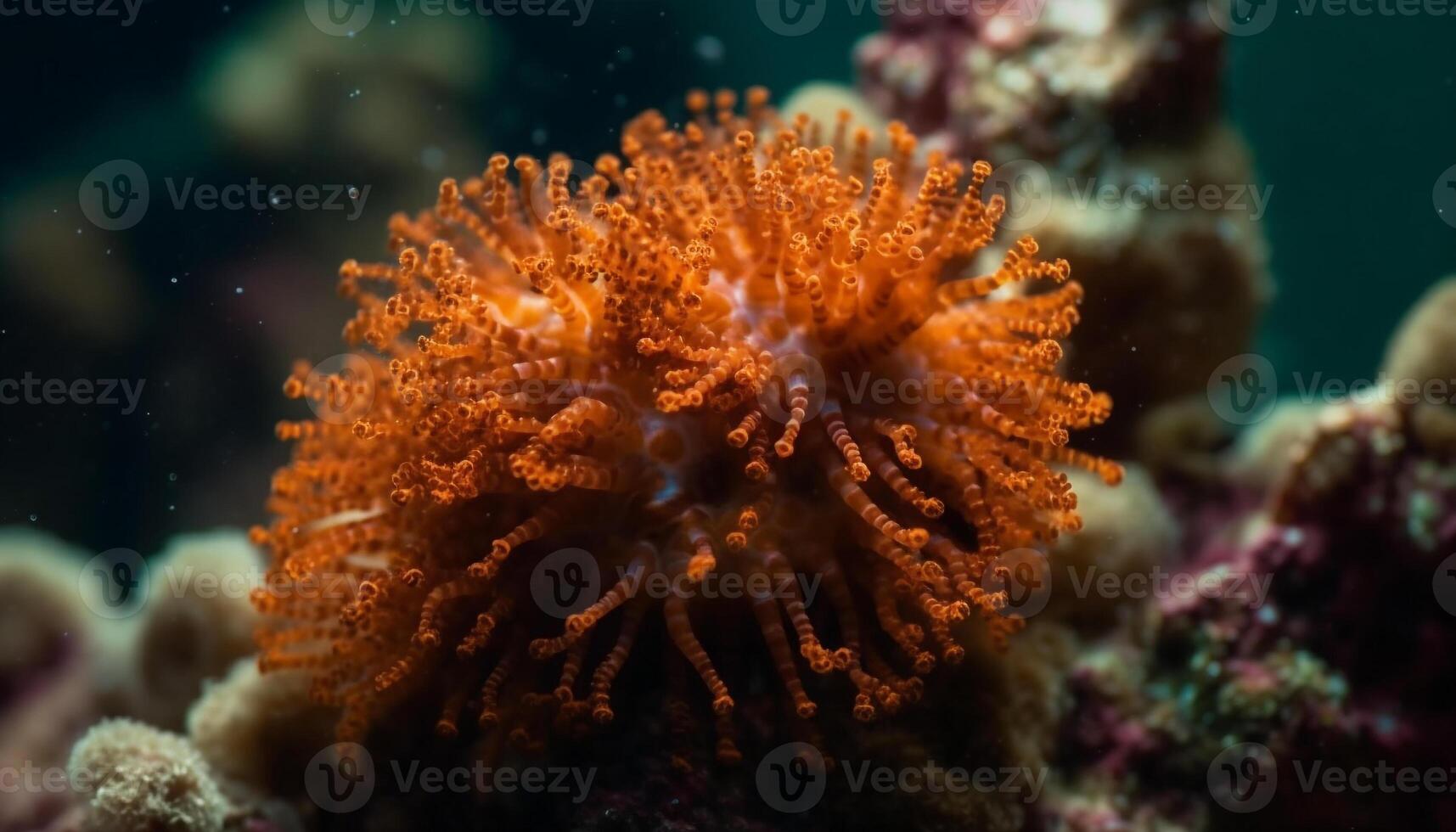 Underwater reef, fish, coral, scuba diving, deep water, sea life generated by AI photo