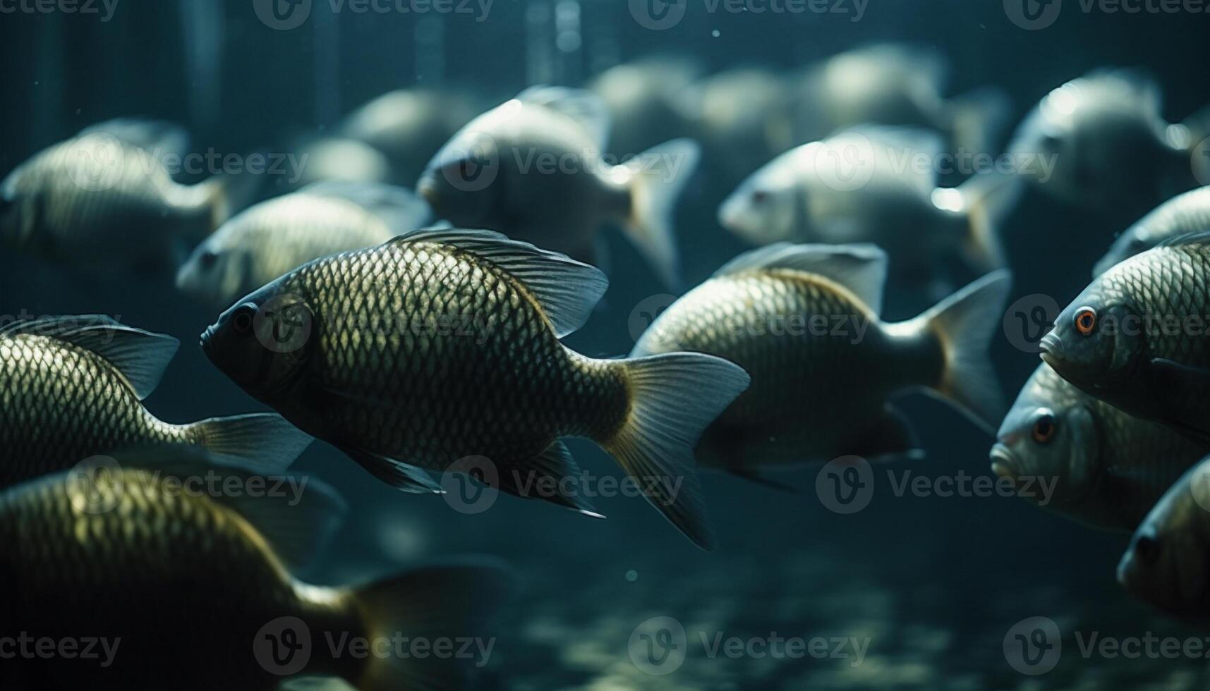 Underwater animal swimming in blue sea life, tropical climate generated by AI photo