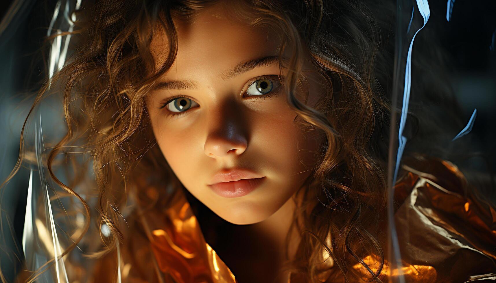 One beautiful woman with long brown hair looking at camera generated by AI photo