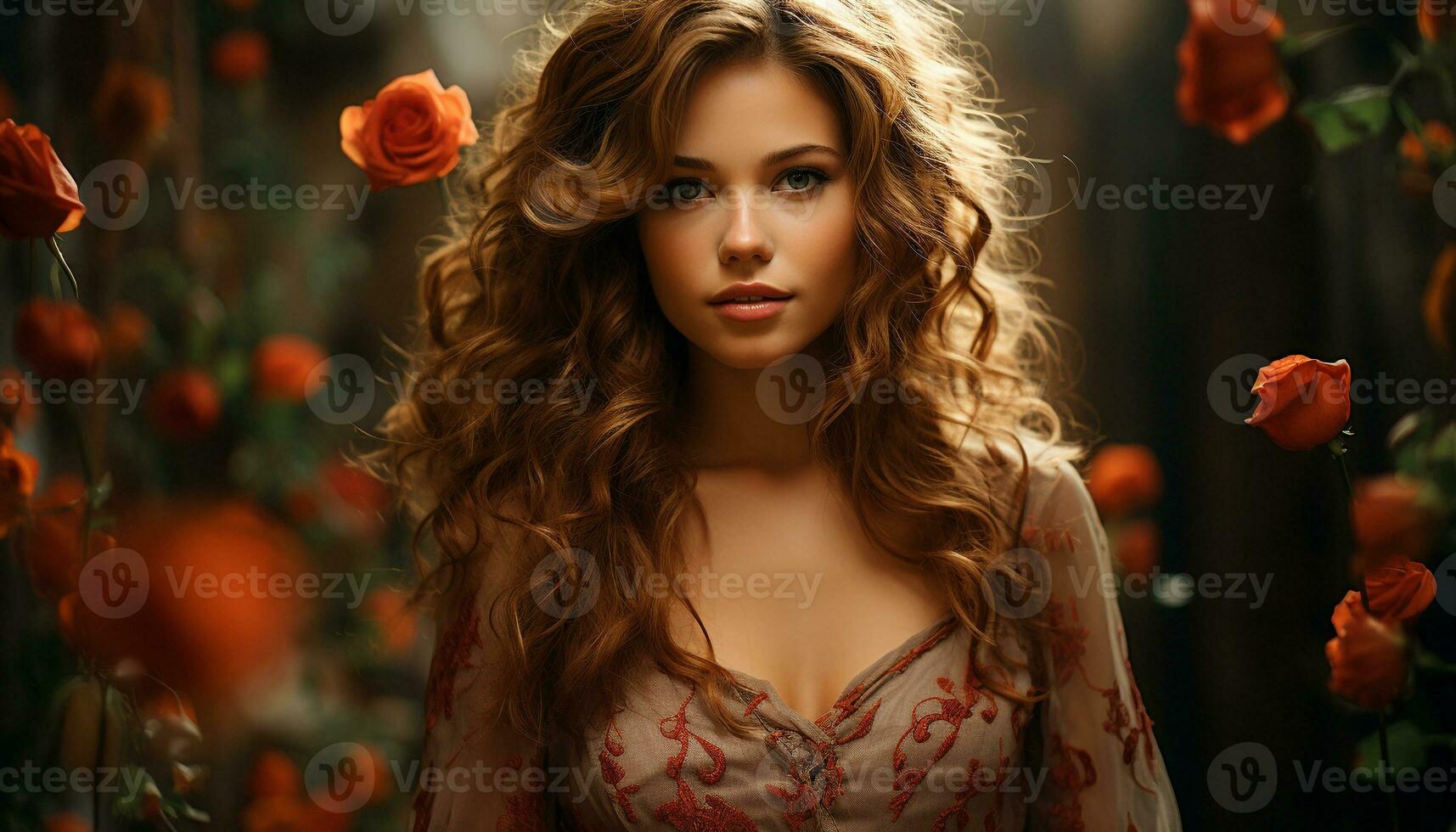 joven mujer con largo Rizado marrón cabello, mirando a cámara al aire libre generado por ai foto
