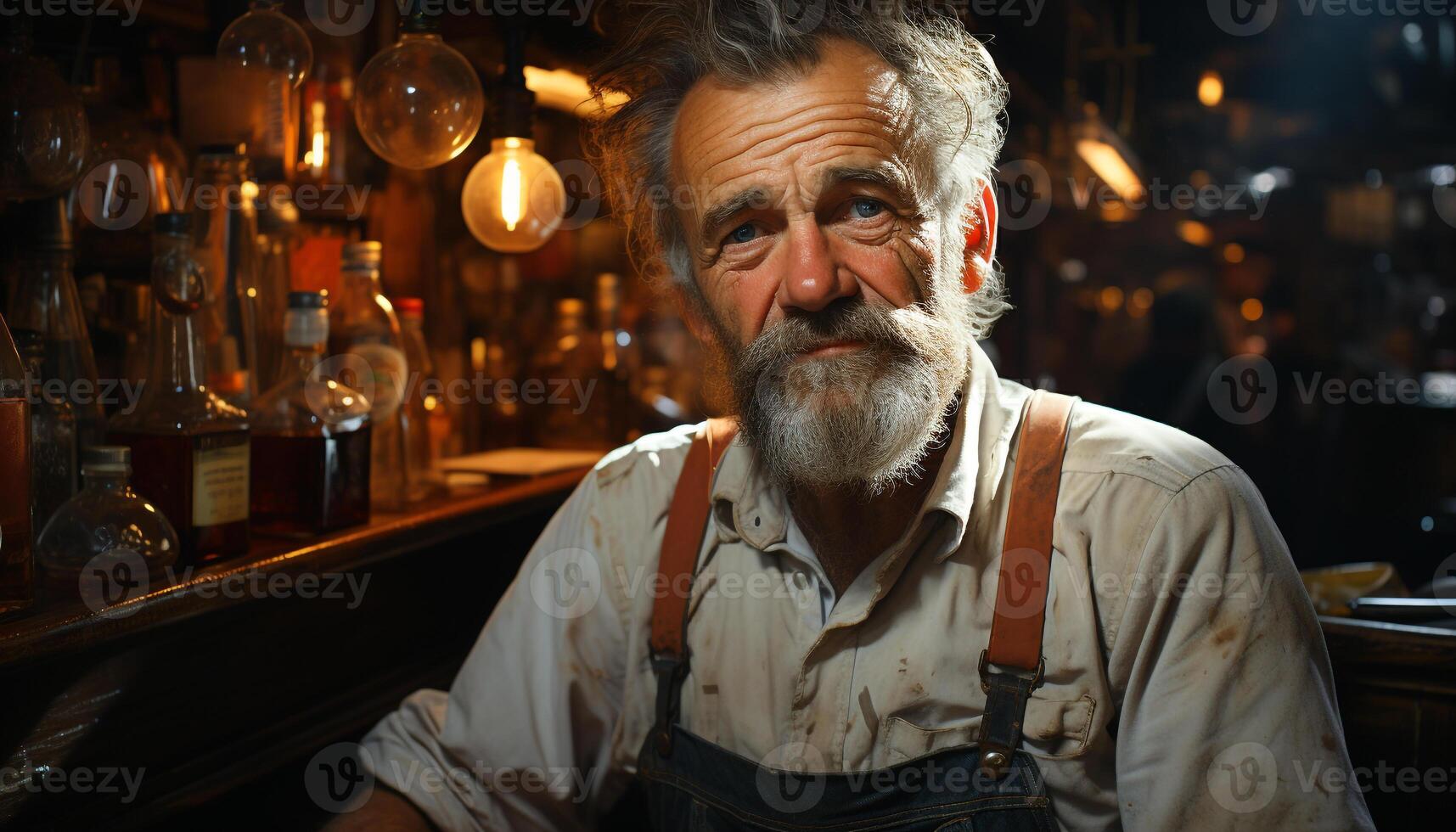 A confident senior man working in a workshop, smiling at camera generated by AI photo