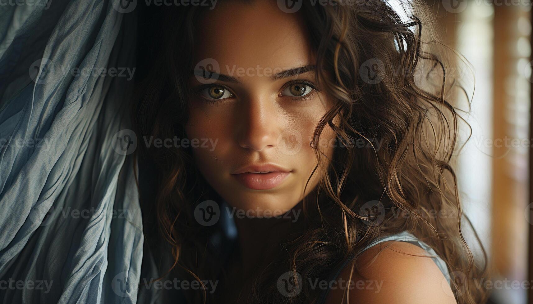 A beautiful young woman with brown hair looking at camera generated by AI photo