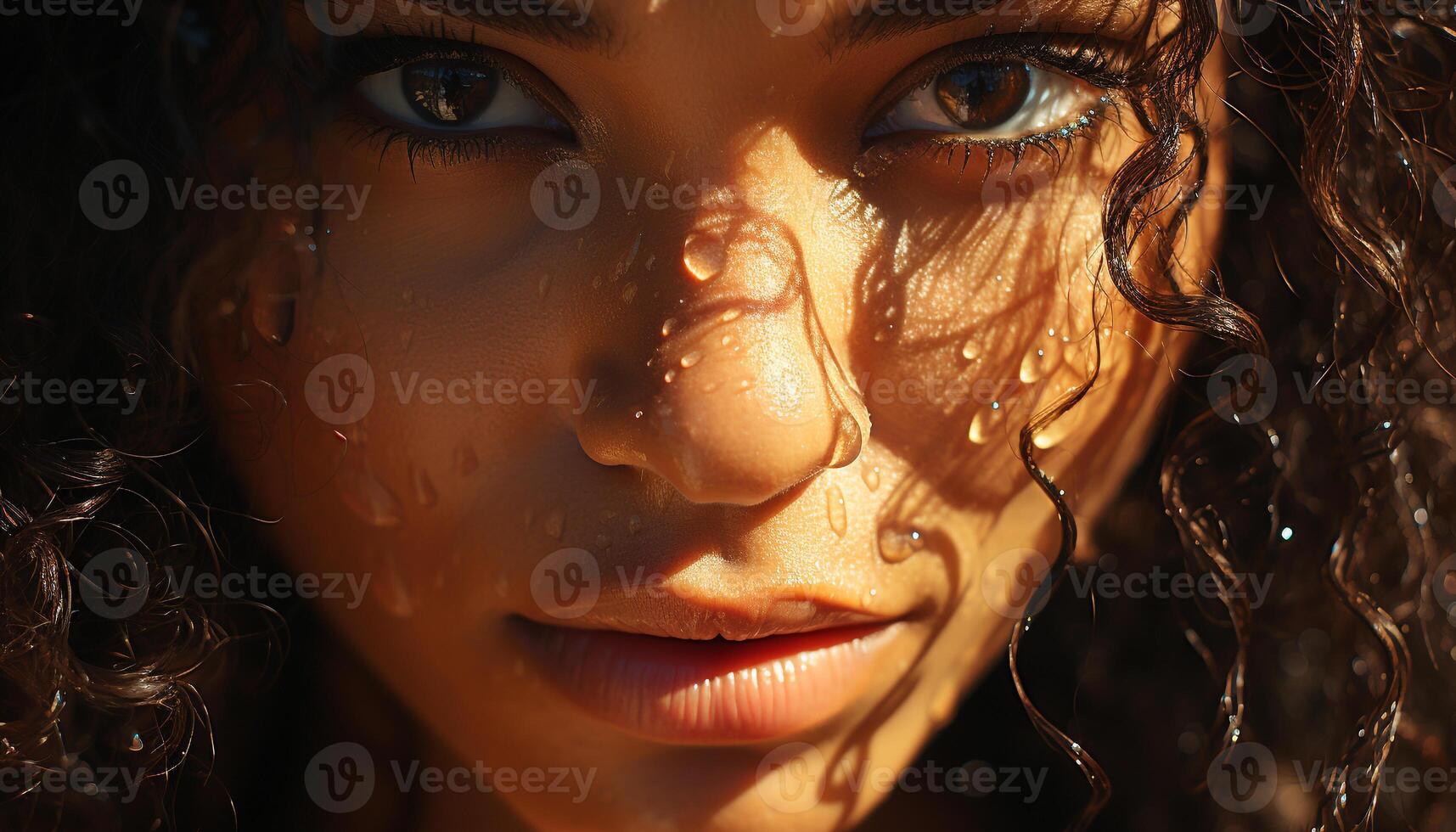 Smiling woman with wet hair enjoys nature beauty and freshness generated by AI photo