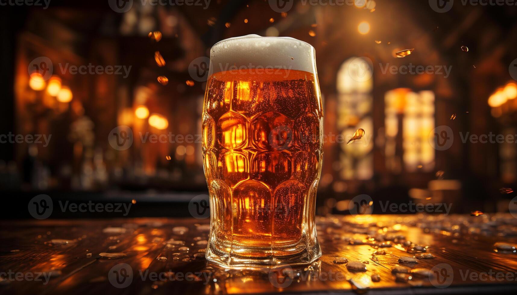 A frothy pint of beer on a wooden bar counter generated by AI photo