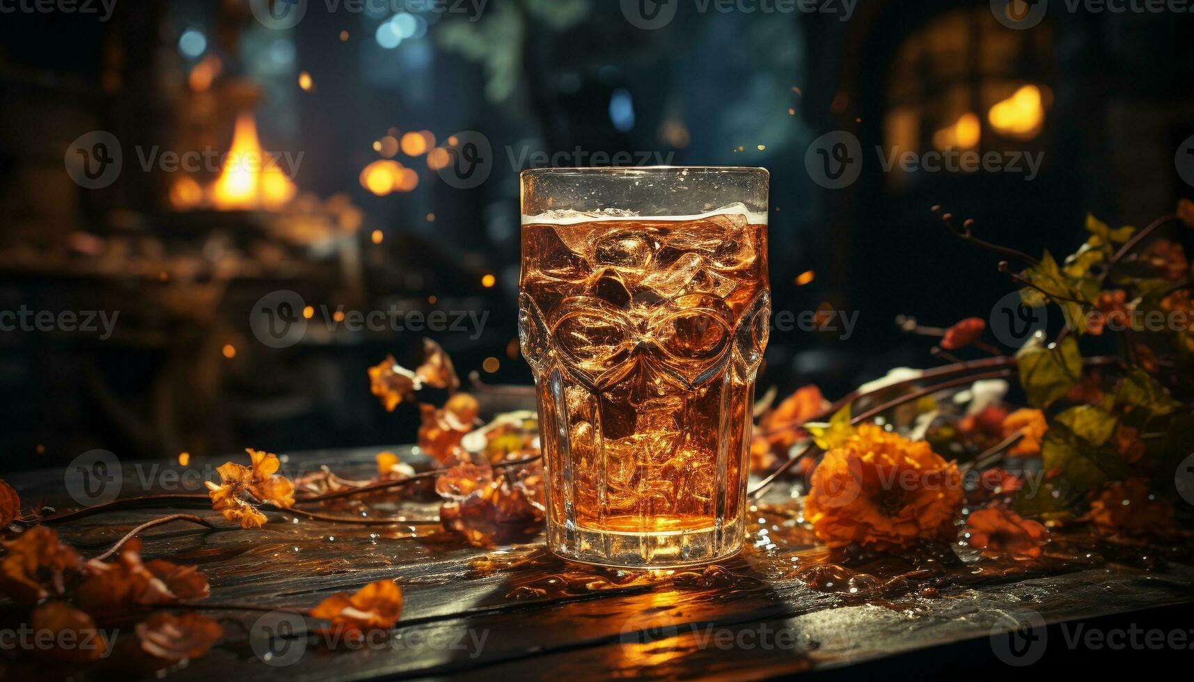 Whiskey glass on wooden table, ice melting, bar at night generated by AI photo