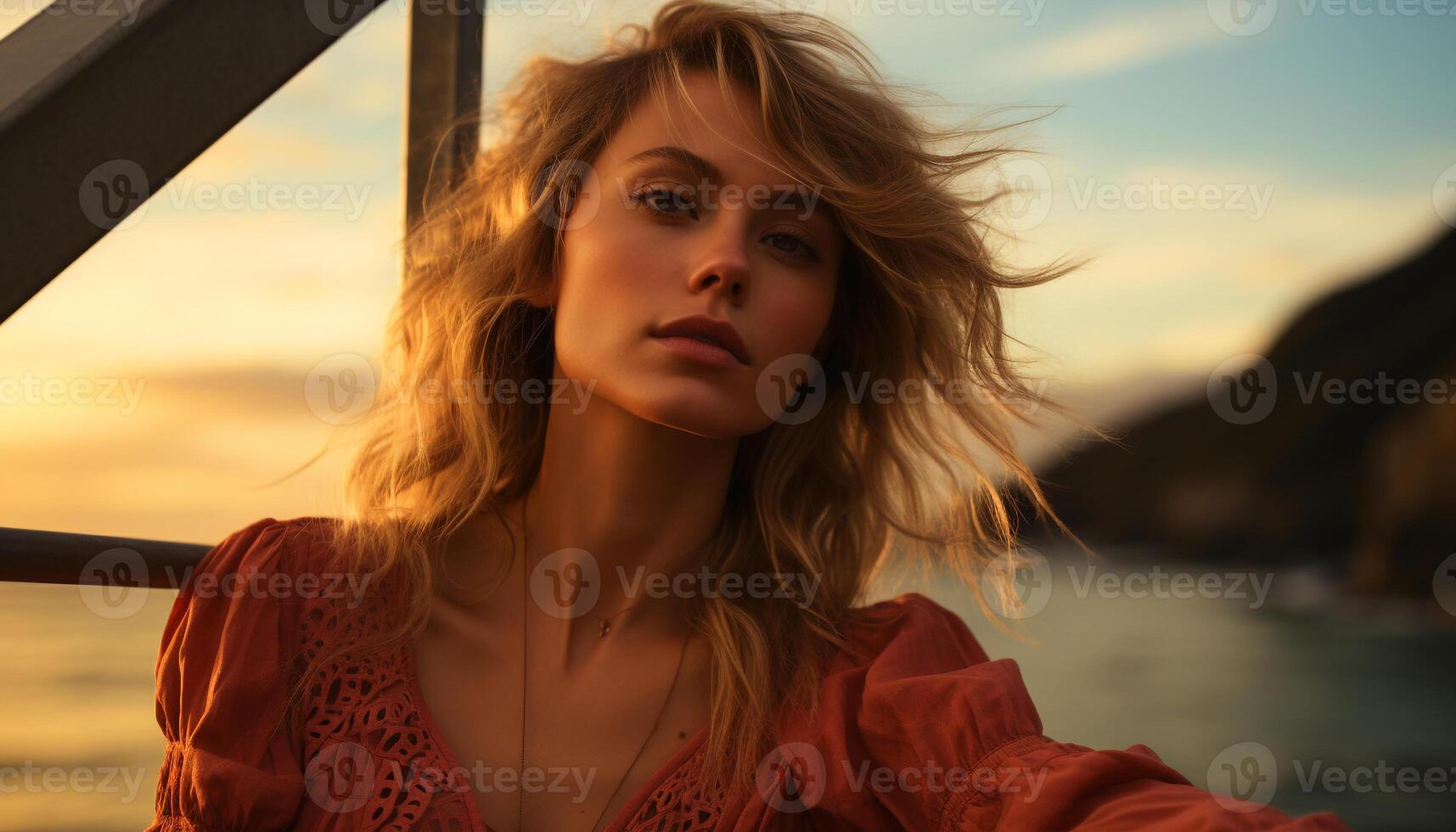 Young woman enjoying the sunset, looking beautiful in nature generated by AI photo