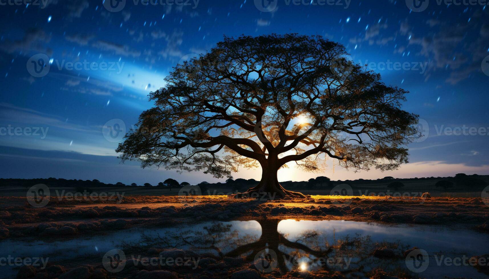 Silhouette of acacia tree against a tranquil African sunset generated by AI photo