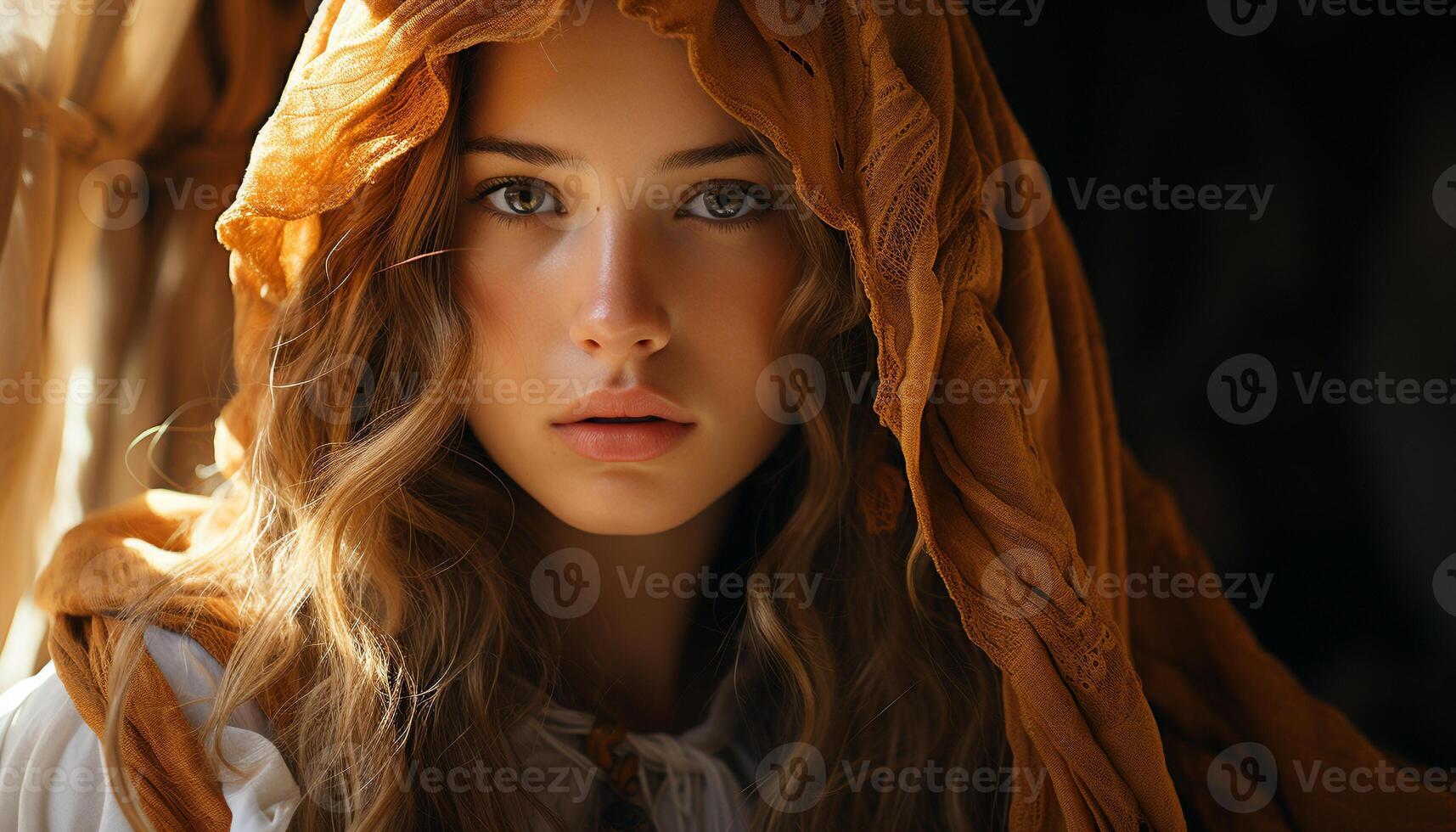 A beautiful young woman with long brown hair looking outdoors generated by AI photo