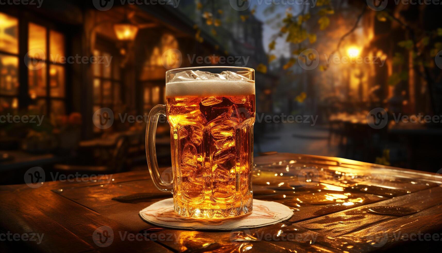 Drink alcohol at pub, bar Close up of frothy pint glass generated by AI photo
