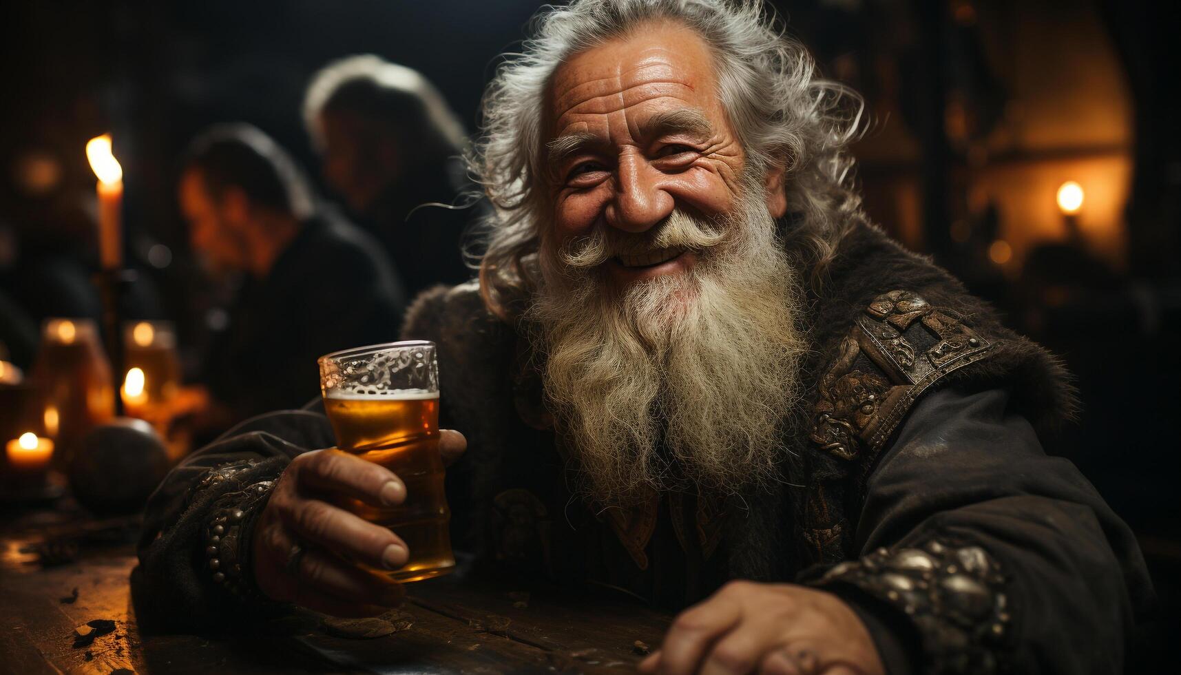 un sonriente adulto hombre sentado al aire libre, Bebiendo cerveza por el fuego generado por ai foto