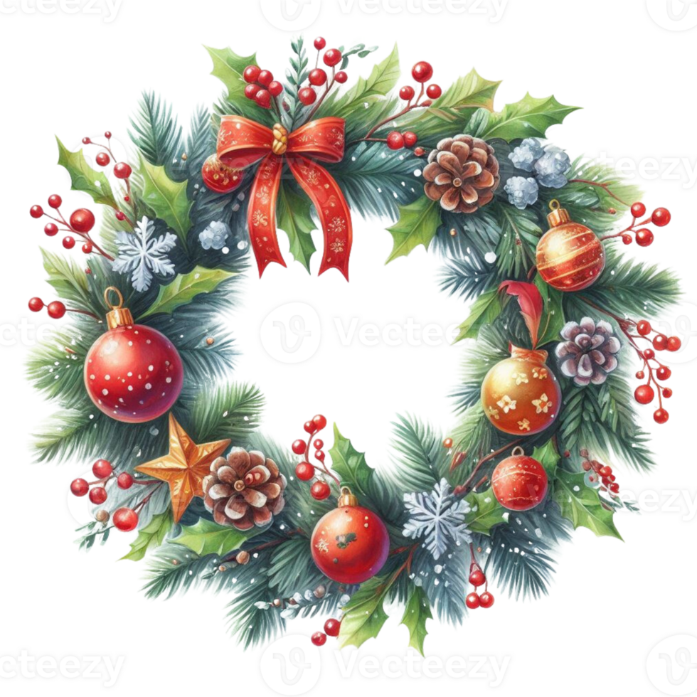 Generated ai, Watercolor Christmas wreath with holly, mistletoe, pine cones and berries. Hand painted. png