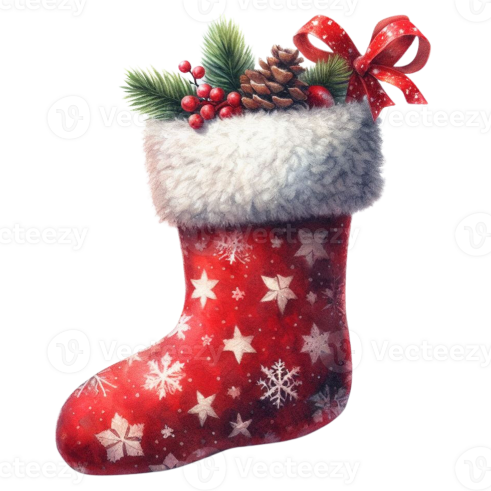 Generated ai, Christmas sock with snowflakes and red ribbon. png