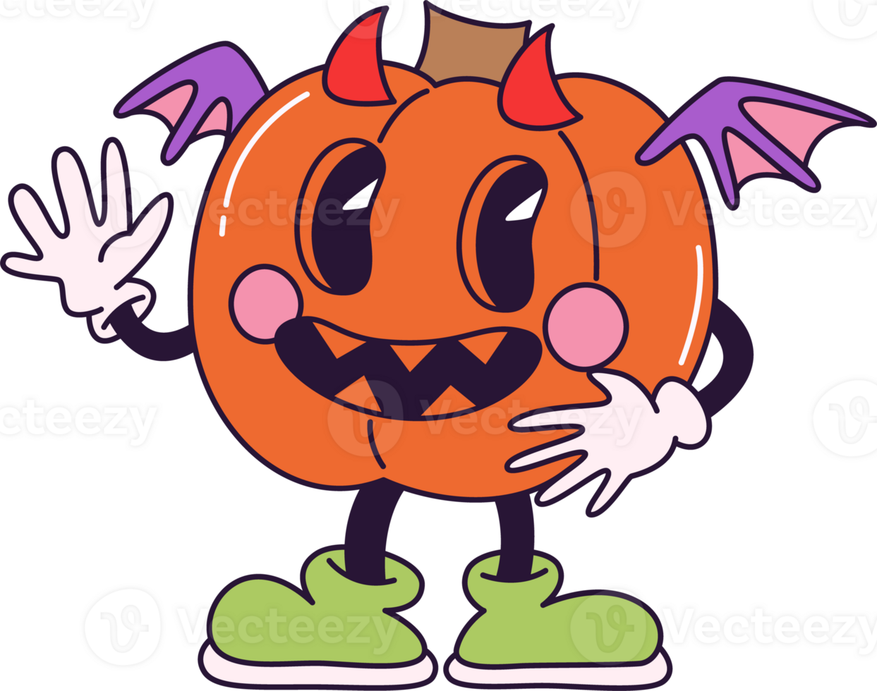 Funny retro cartoon Pumpkin Character in groovy 70s Vintage Style with bat costume. Happy Halloween. Contour illustration isolated on transparent background. png