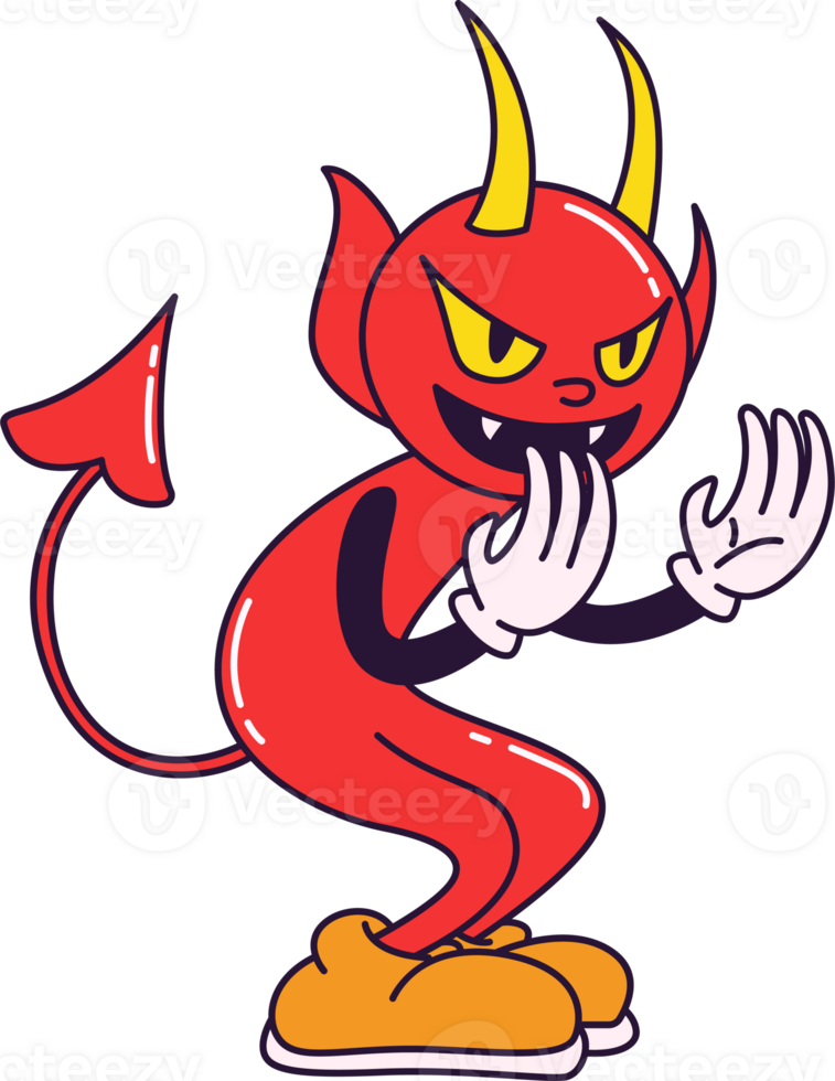 effrayant rouge diable ancien des dessins animés, marrant personnage, branché classique rétro dessin animé style. content Halloween. contour illustration isolé sur transparent Contexte. png