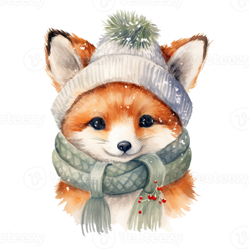Fox Wearing Winter Clothes For Christmas Event. Watercolor Style. AI Generated png