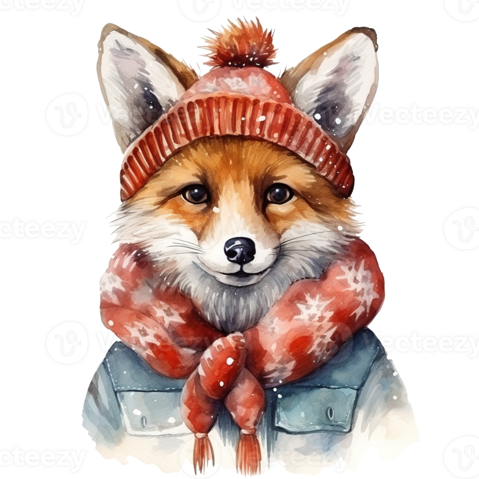 Fox Wearing Winter Clothes For Christmas Event. Watercolor Style. AI Generated png