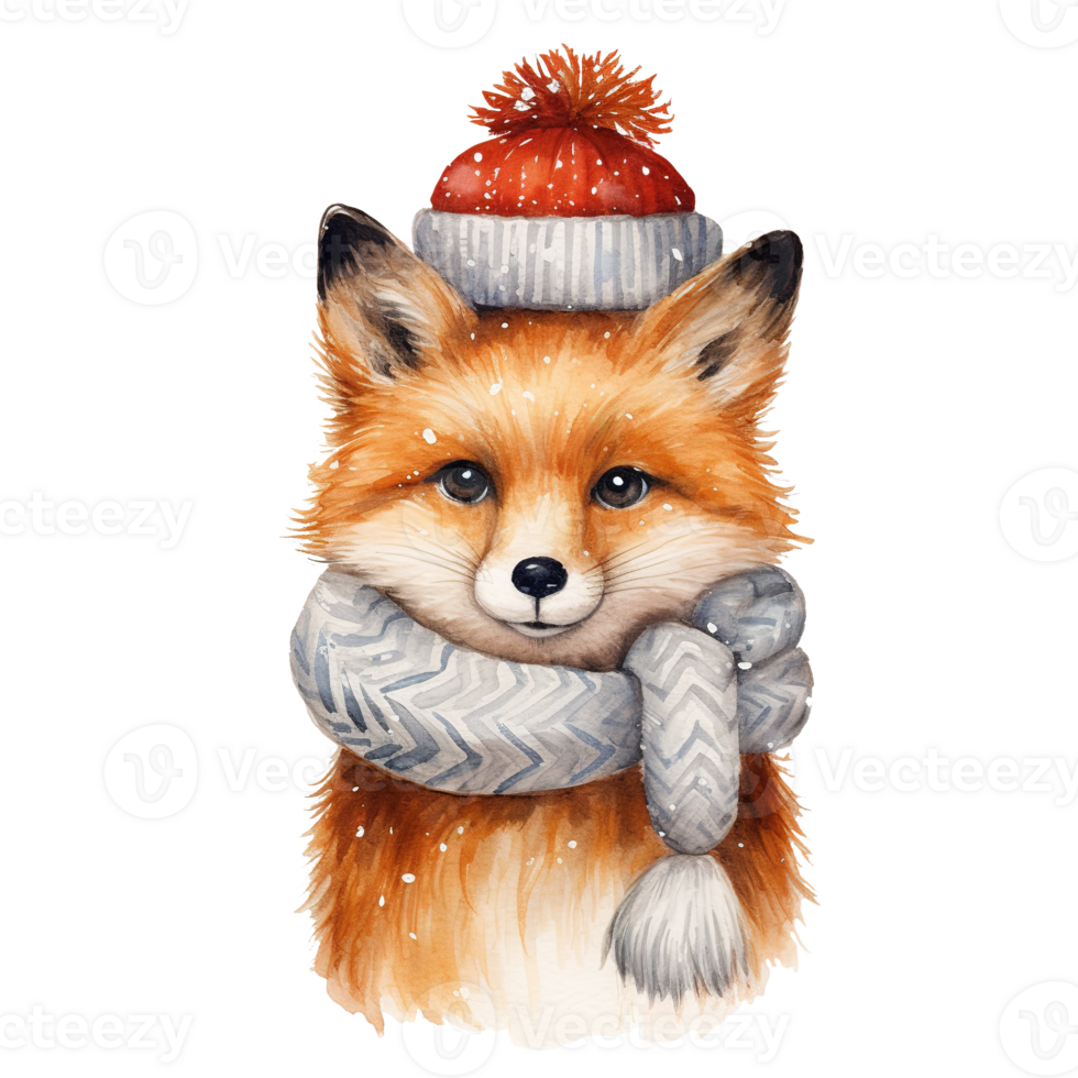 Fox Wearing Winter Clothes For Christmas Event. Watercolor Style. AI Generated png