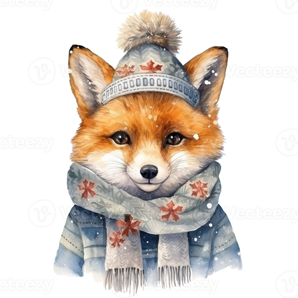 Fox Wearing Winter Clothes For Christmas Event. Watercolor Style. AI Generated png