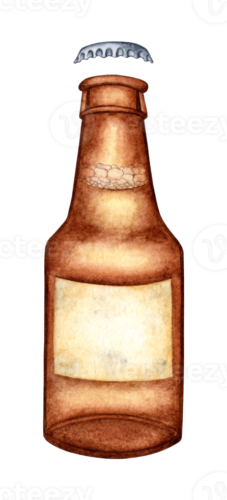 Watercolor illustration of a glass brown bottle with beer or drink. Harvest festival, Oktoberfest beer festival. Compositions for posters, cards, banners, flyers, covers, png