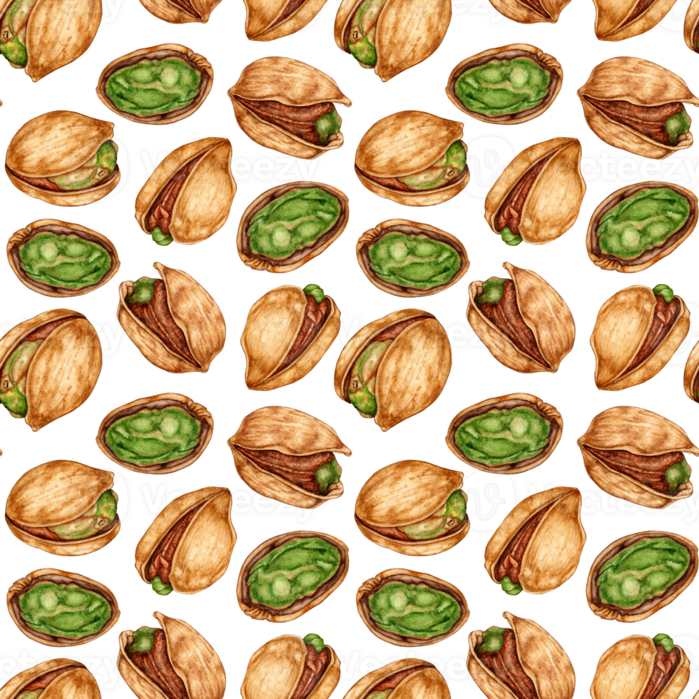 Watercolor illustration of pistachio nut pattern. Healthy food, picnic snacks, festival, Oktoberfest. Isolated. Ideal food concept, packaging design, cafe, restaurant, menu. png