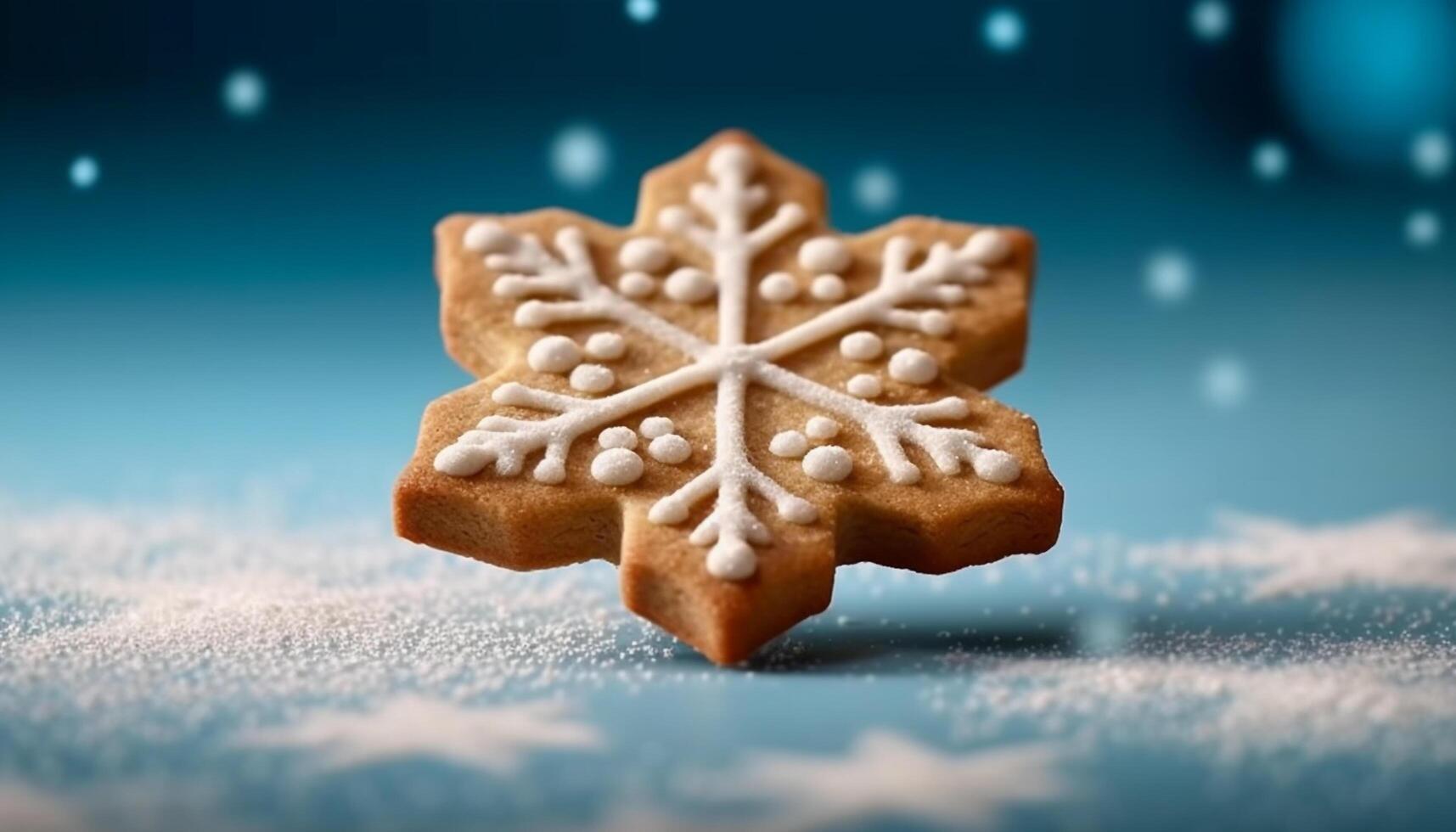 Snowflake shaped gingerbread cookie, a sweet winter tradition and decoration generated by AI photo