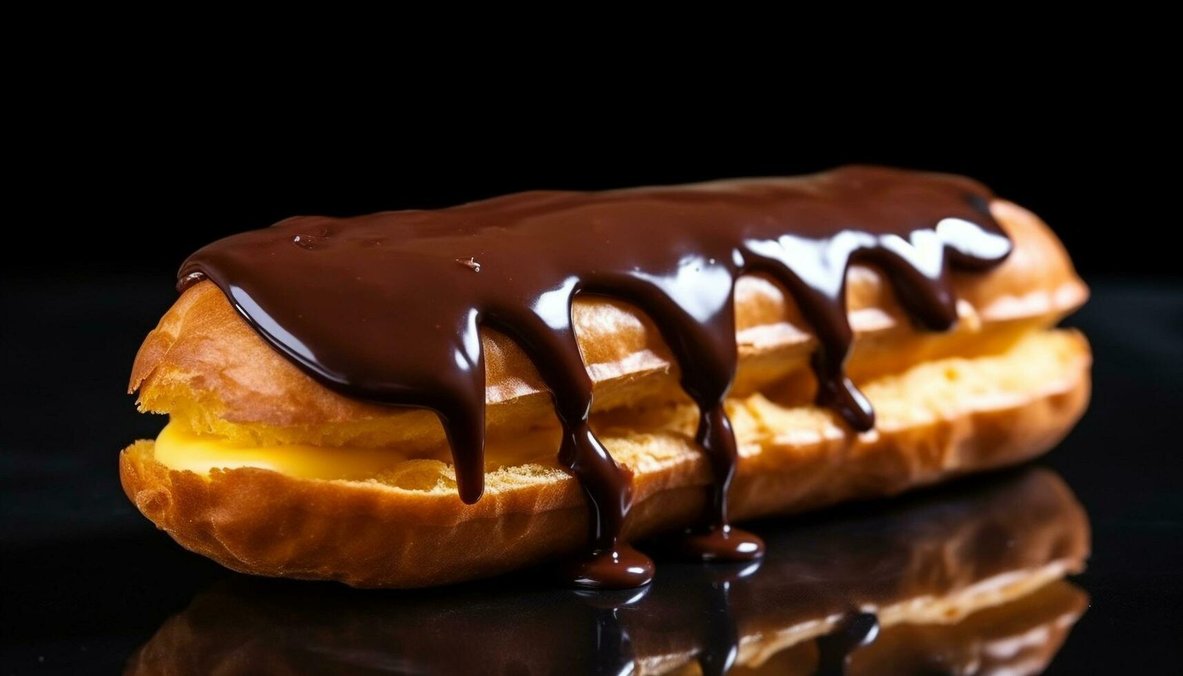 Freshly baked chocolate eclair on a plate, tempting and indulgent generated by AI photo