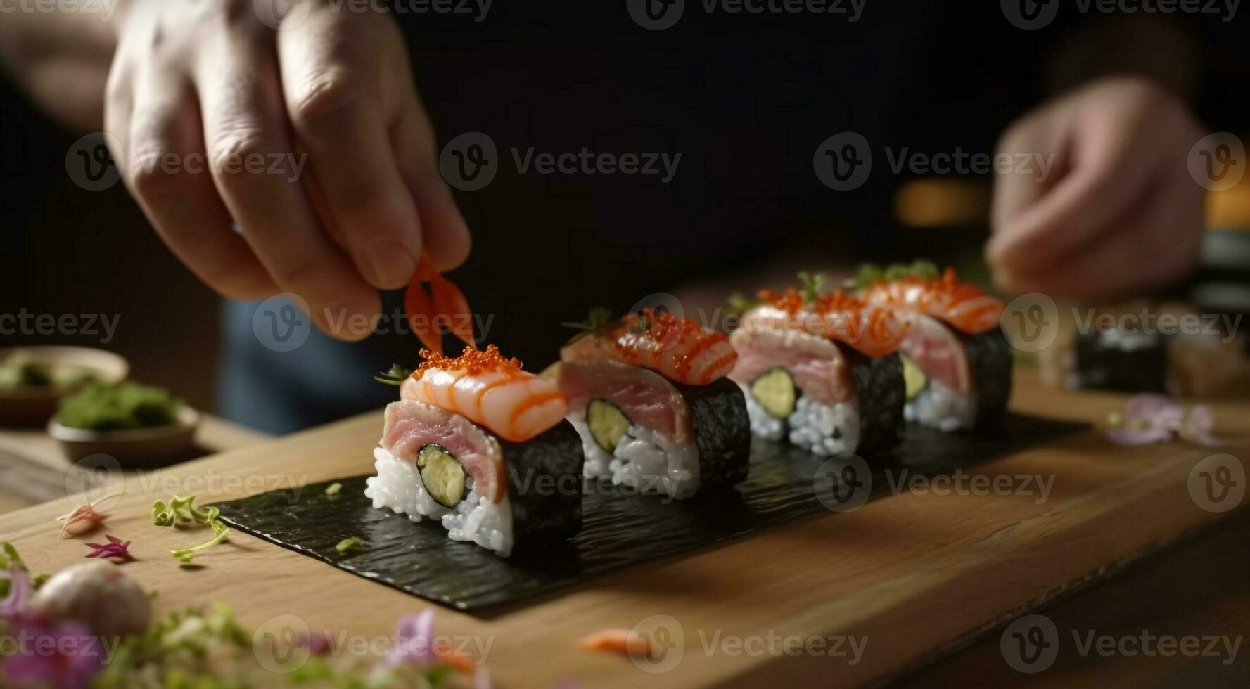 A plate of fresh sushi, expertly prepared, ready to eat delicacy generated by AI photo