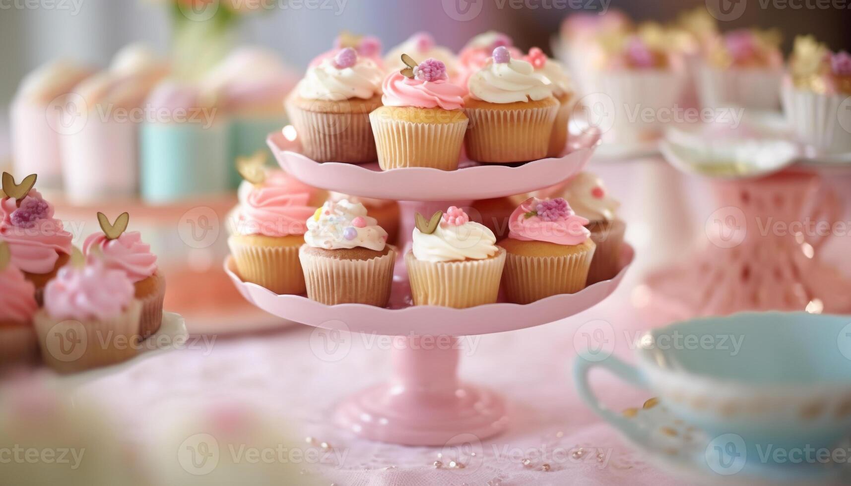 Pink cupcake with gourmet icing, decorated with multi colored flowers generated by AI photo