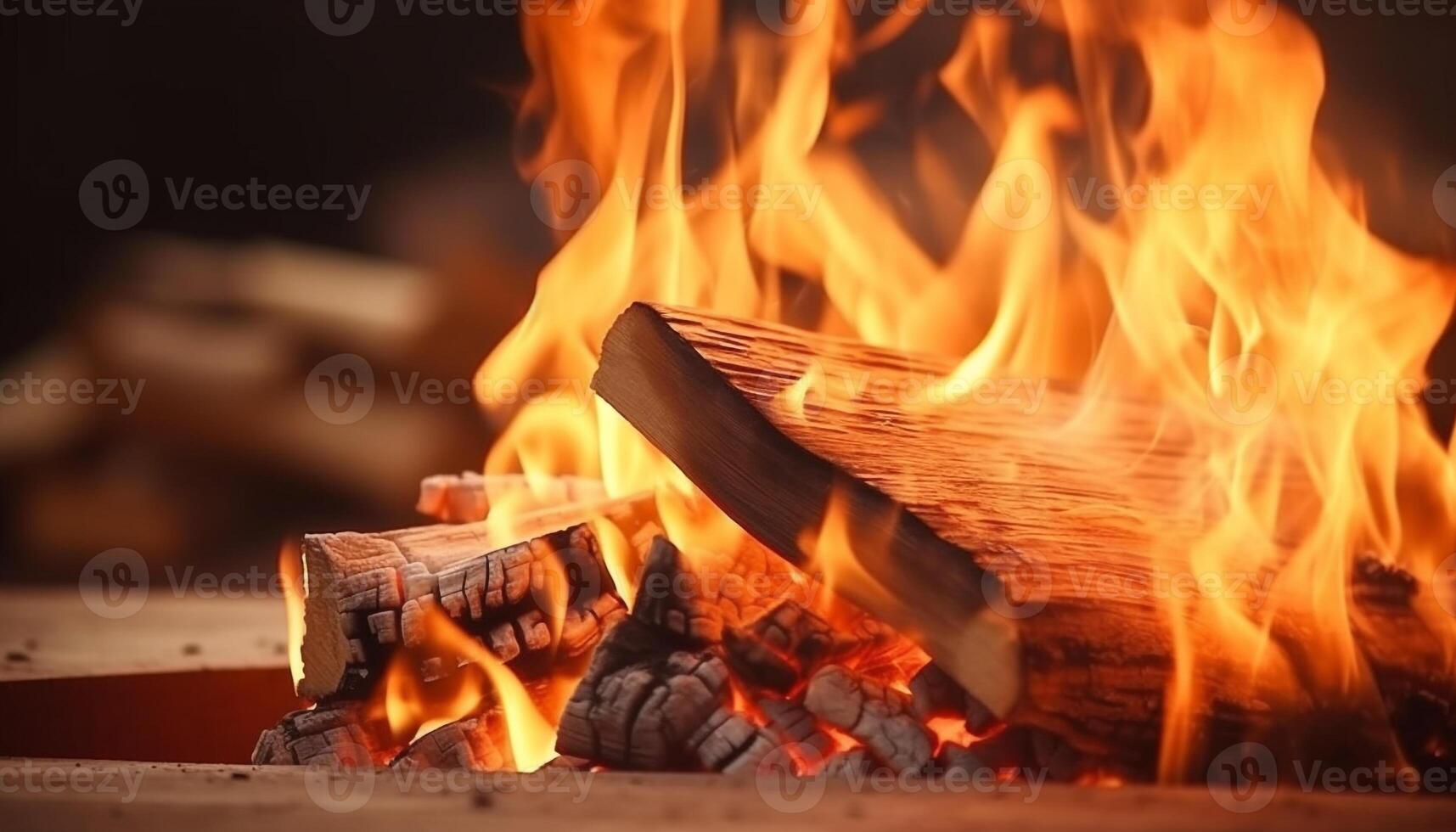 Glowing bonfire burns wood, creating a warm and comfortable atmosphere generated by AI photo